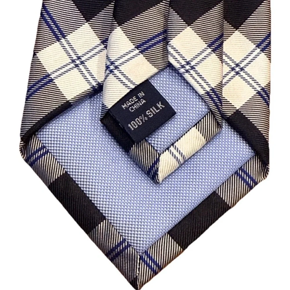Tommy Hilfiger Silk Necktie Black White Blue Plaid Check Preppy